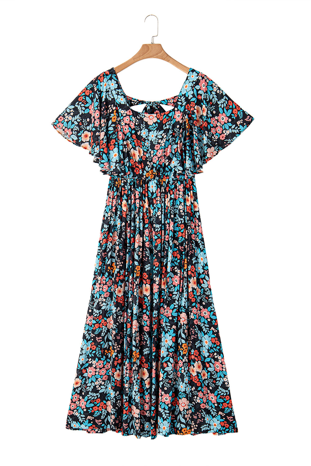 Sky Blue Boho Floral Print Knotted Backless Maxi DressMaterial:100%Viscose



		This is a perfect dress for summer fashion
	
	
		Features a elegant silhouette with flowy sleeves
	
	
		Only the relaxed long dress