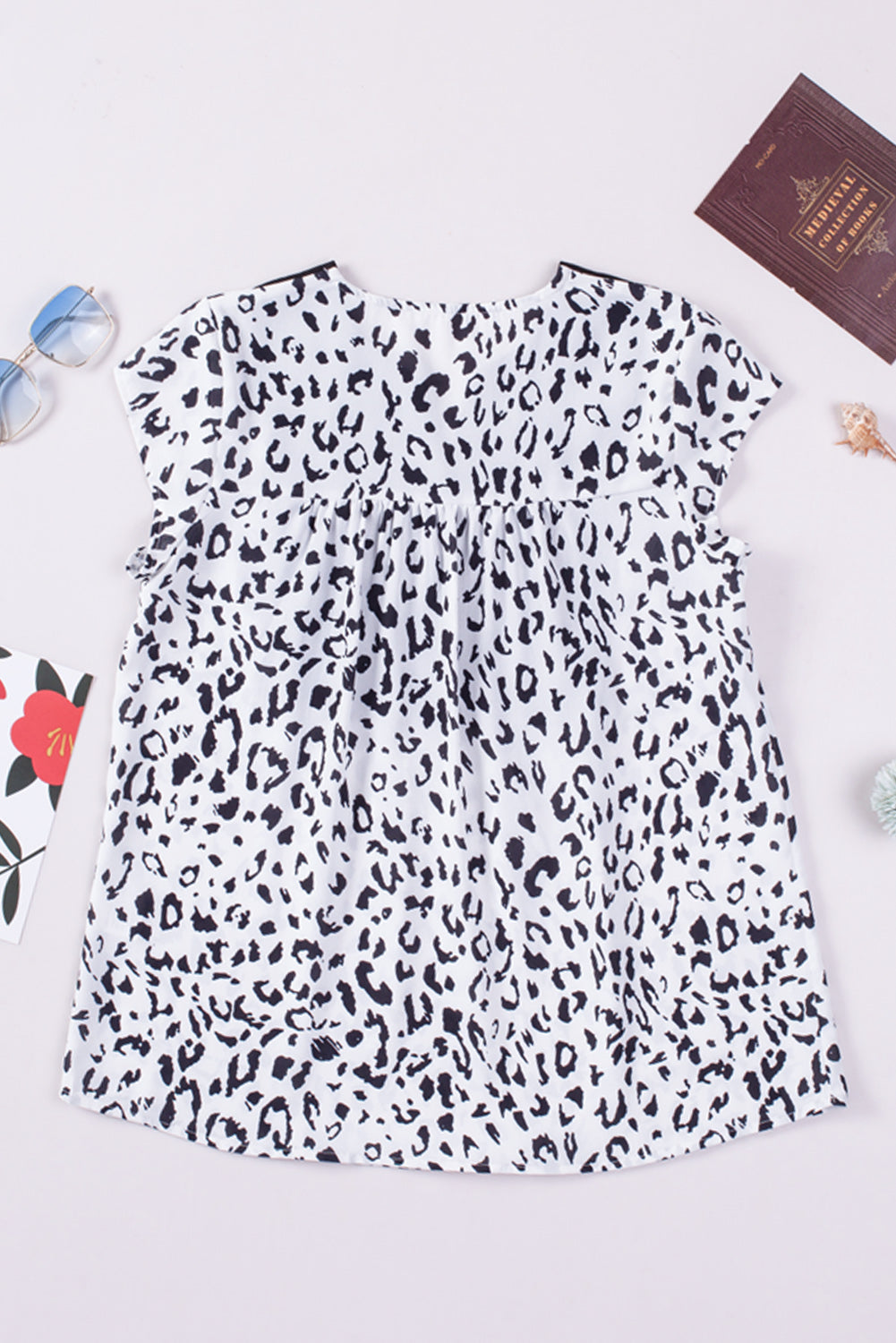 Black & White Animal Print Flower Embroidered Tunic Short Sleeve Top