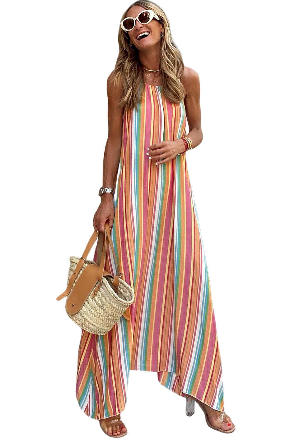 Bohemian Striped Colorblock Spaghetti Strap Sleeveless Maxi DressMaterial:100%Polyester



		•Bold and eye-catching vertical stripes add a trendy touch.
	
	
		•Sleeveless design keeps you cool on hot days.
	
	
		•Boho styl