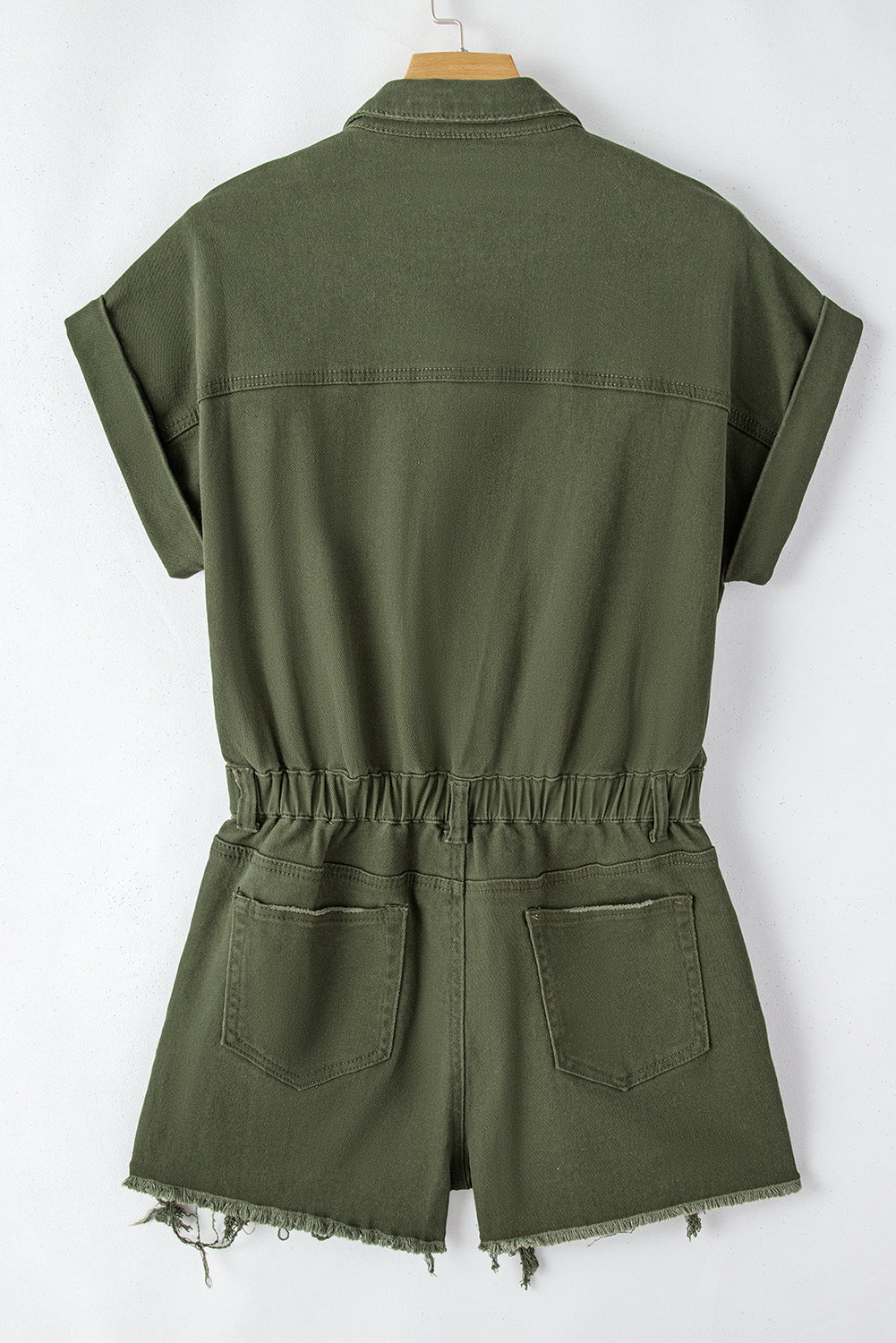 Moss Green Distressed Frayed Denim RomperMaterial:98%Cotton+2%Elastane

• This romper offers a comfortable and stretchy fit for all-day wear.
• The moss green hue brings a touch of nature-inspired charm, 