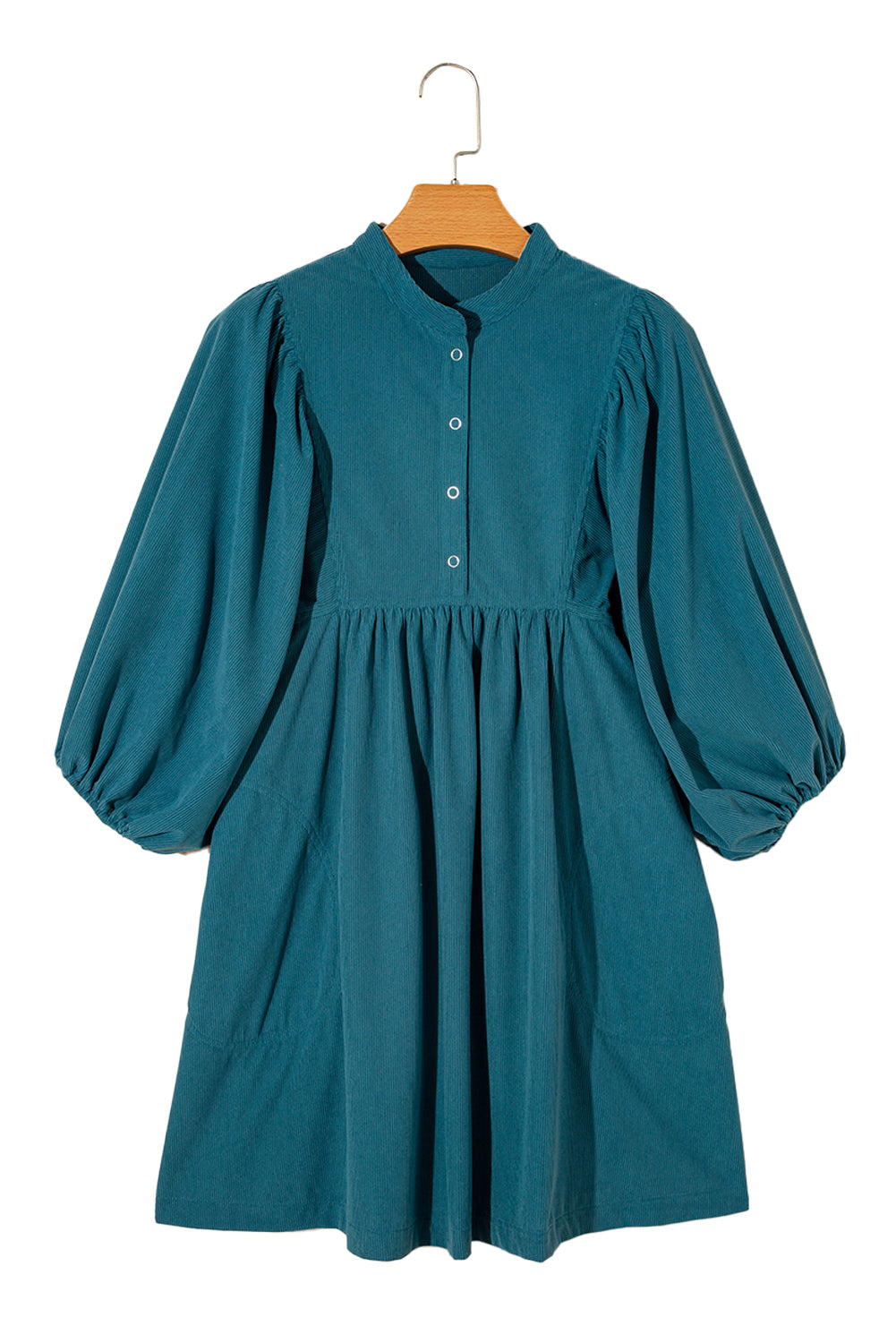 Light Blue Snap Button Empire Waist Lantern Sleeve Corduroy DressMaterial:100%Polyester

• Effortlessly chic, the mini dress exudes laid-back elegance with its soothing color and relaxed fit. 
• The soft corduroy fabric of this 