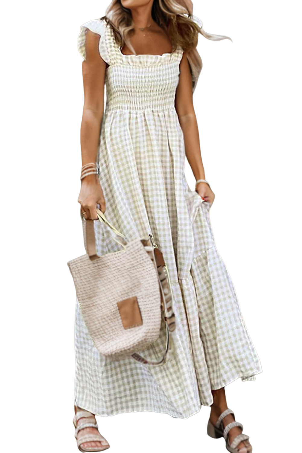 Khaki Plaid Ruffled Sleeveless Smocked Maxi DressMaterial:65%Polyester+35%Cotton



		The dress features a beautiful khaki plaid pattern, which adds a touch of elegance to the overall look. 
	
	
		It is design