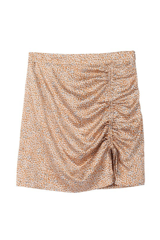 Leopard print shirred skirt*Leopard print ruched mini skirt*Pattern type : leopard print*Stretch : no stretch*Sheer : not lined, but not sheer*Care instruction : machine wash cold, only non-ch