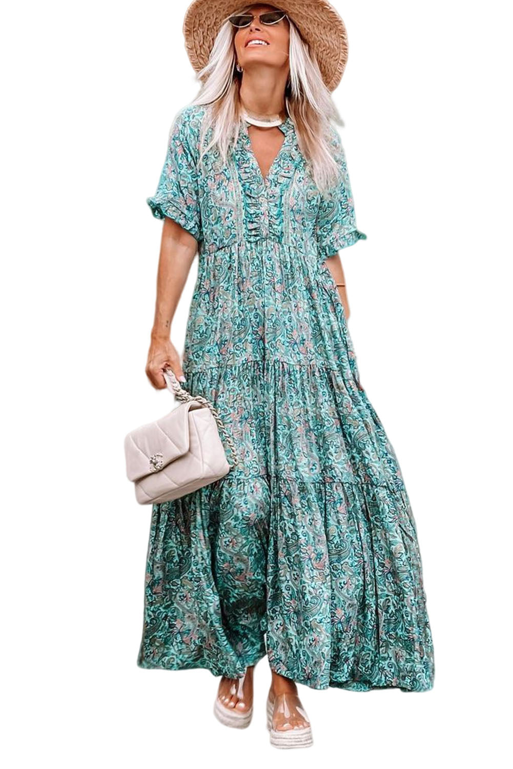 Sky Blue Paisley Print Split V Neck Tiered Boho Maxi DressMaterial:100%Polyester



		Stylish and comfortable sky blue paisley print maxi dress with a split V-neckline and tiered design.
	
	
		Eye-catching boho-inspire