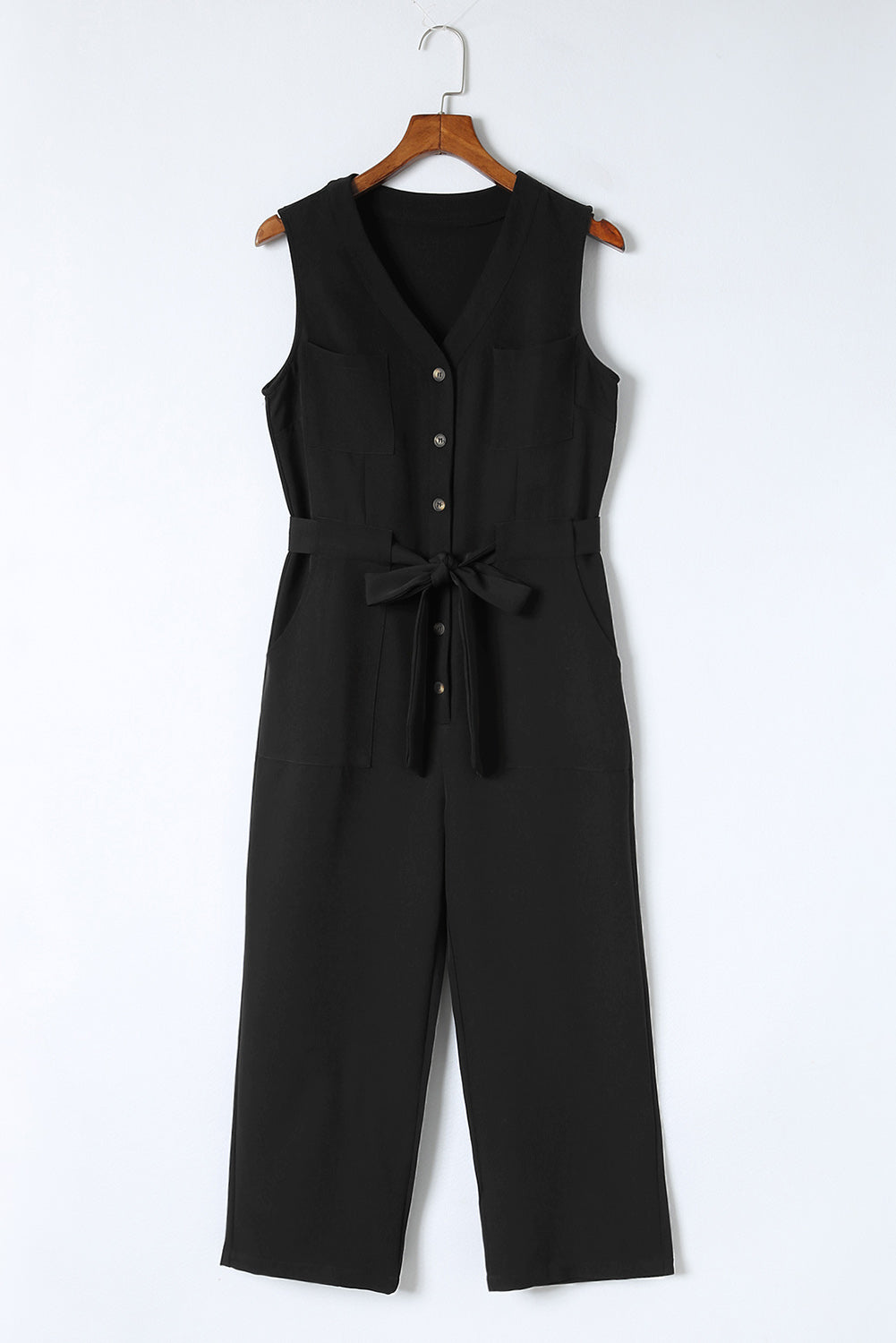 Pink Buttoned Sleeveless Cropped Jumpsuit With SashMaterial:95%POLYESTER+5%ELASTANE



		The
chic jumpsuit features a button-up front and a sleeveless design, making it
perfect for warm weather
	
	
		The
crop