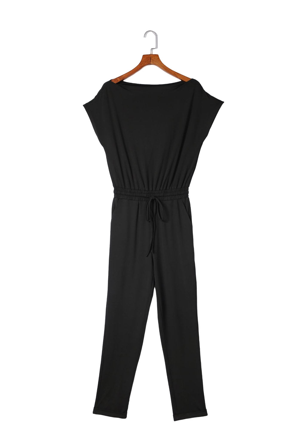 Black Tie Waist Off Shoulder Short Sleeve Tapered JumpsuitMaterial:90%Polyester+10%Elastane


	


		The short sleeves provide coverage while still allowing for ease of movement, and the tapered legs create a sleek and s