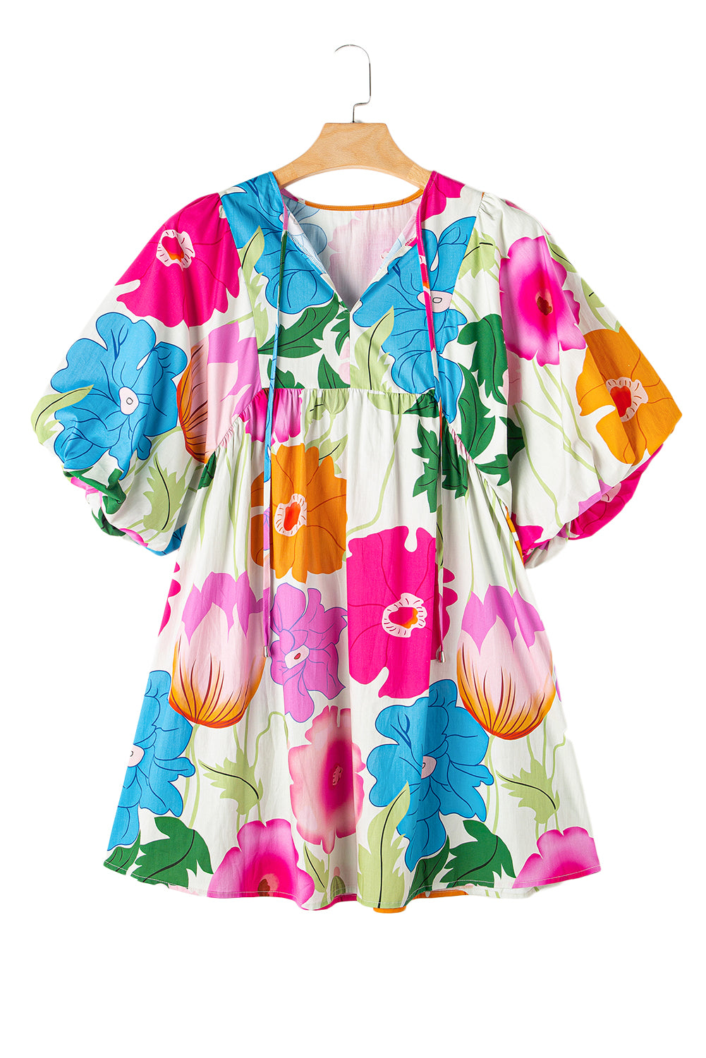 White Puff Sleeve Tied Split Neck Colorful Floral Flowy DressMaterial:100%Cotton


	


		Step into elegance with our mini dress, a vibrant and feminine piece designed to make a statement.
	
	
		This dress features charm