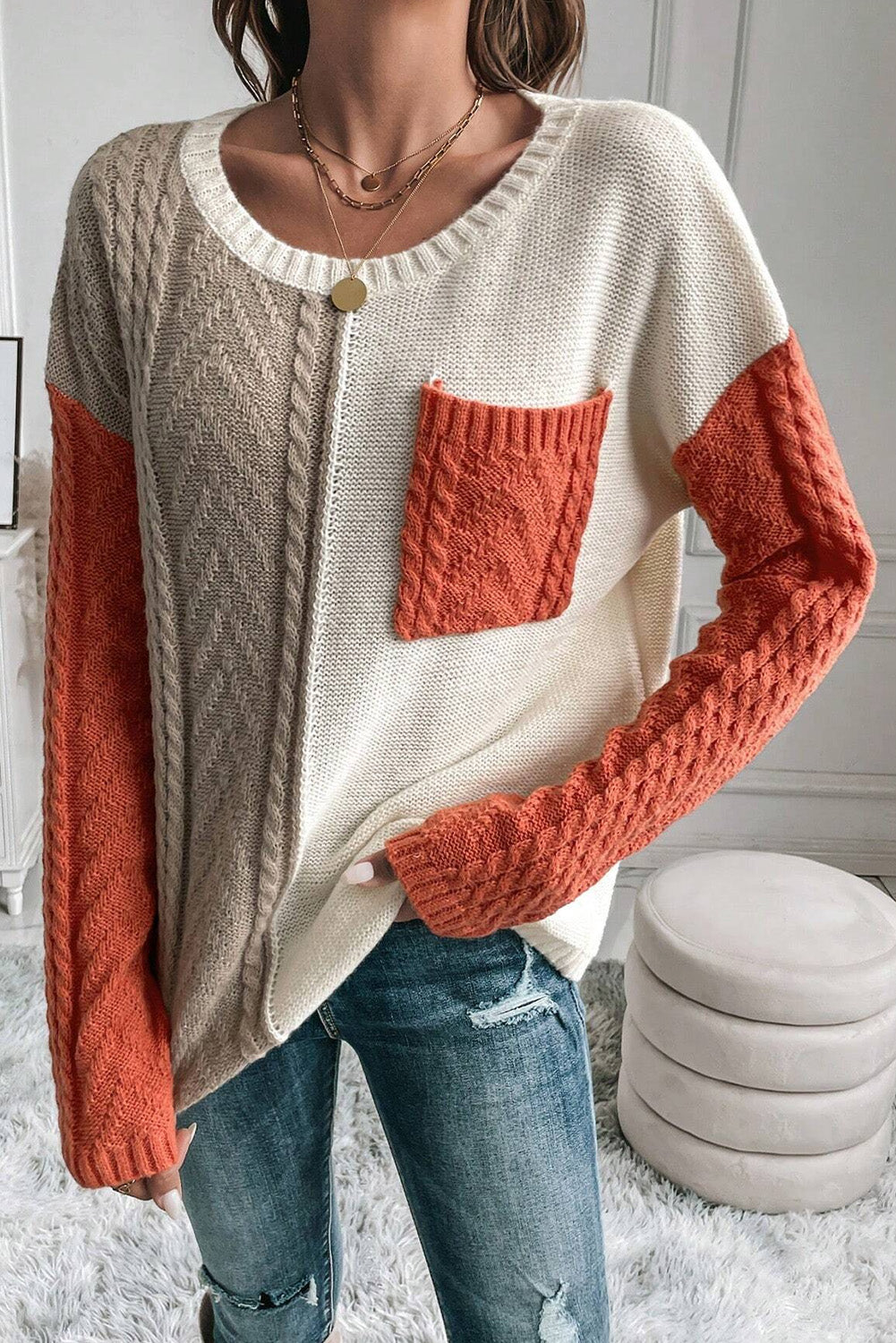 Gold Flame Colorblock Pocket Drop Shoulder SweaterMaterial:65%Acrylic+35%Polyamide

• Elevate your casual style with the sweater, featuring a unique patchwork design that adds a modern twist to your wardrobe.
• St