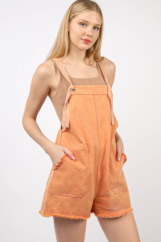 VERY J Washed Frayed Hem Denim OverallThis a trendy Washed Cotton Denim Casual Romper Overall that is not only stylish but also sustainable, perfect for vintage fashion lovers. This comfy sleeveless romp