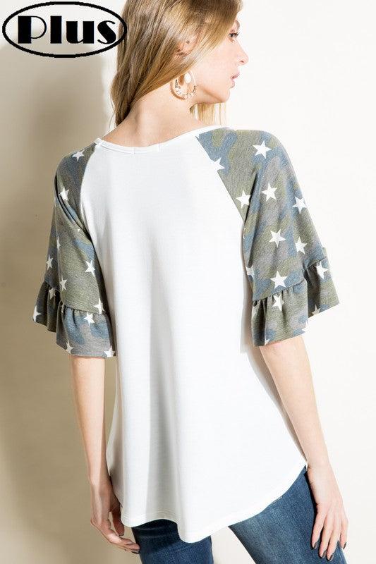 PLUS SOLID CAMO MIX RUFFLED SL TOPFRENCH TERRY SOLID AND CAMOUFLAGE PRINT MIXED V NECK RUFFLED HALF SLEEVE PLUS TOP
Style: Casual
Print / Pattern: SOLID &amp; CAMOUFLAGE PRINT
Fit: Loose
Neck Line: V