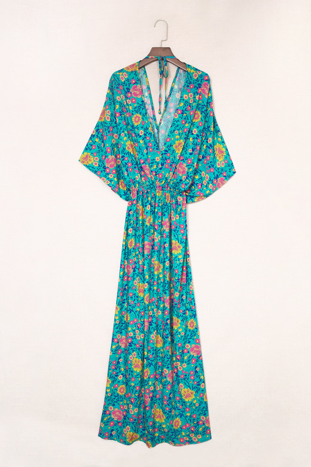 Floral Print Deep V Neck Flutter Sleeve Boho Maxi Dress