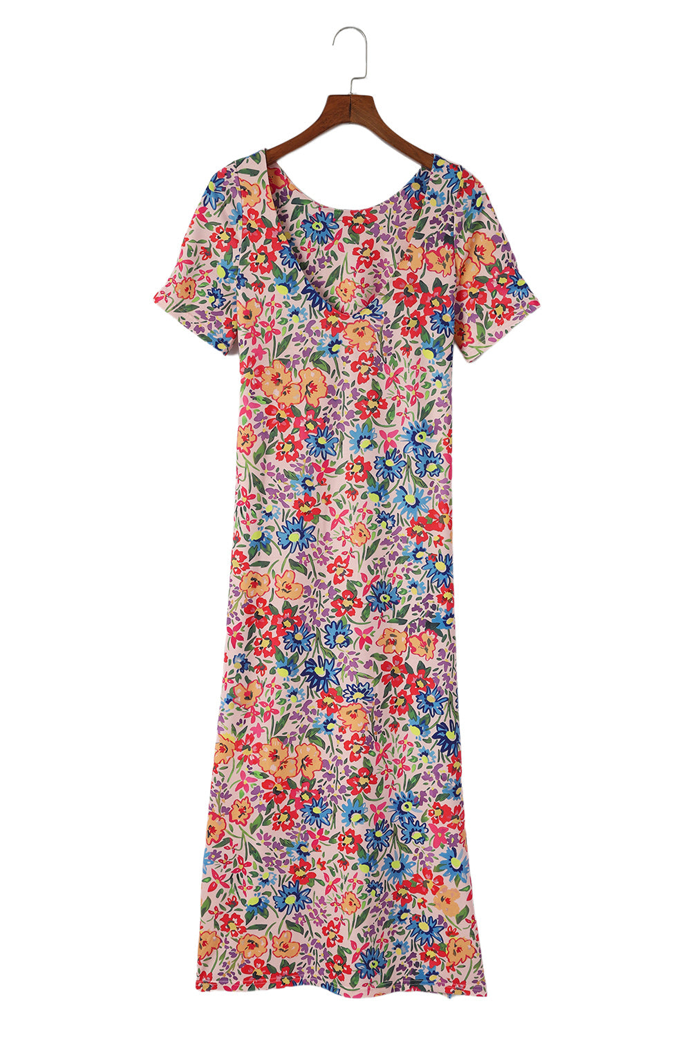 Multicolor Floral Print Ruffle Sleeves Open Back Maxi DressMaterial:95%POLYESTER+5%ELASTANE



		This stunning maxi dress features a colorful floral print that's perfect for summer. 
	
	
		The ruffle sleeves add a playf