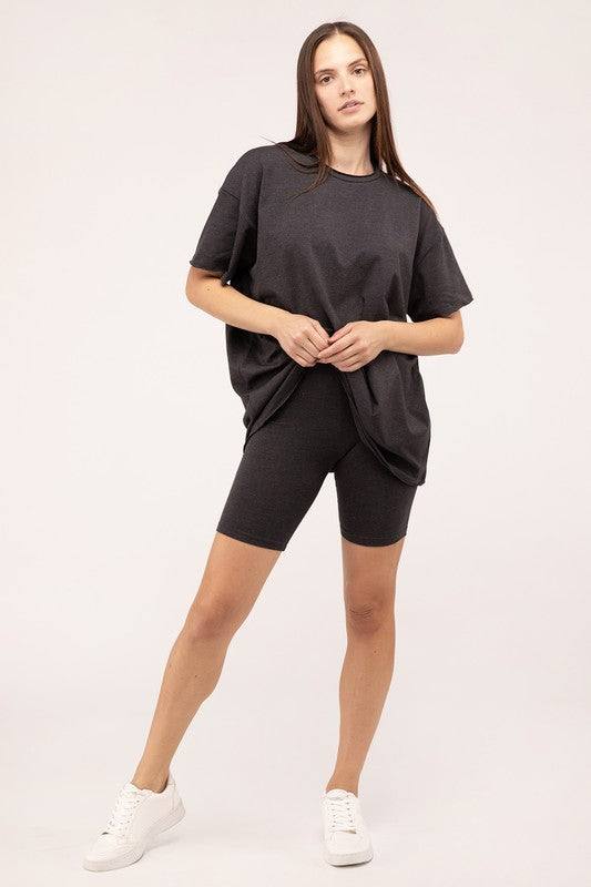 Cotton Round Neck Top & Biker Shorts SetThe Cotton Round Neck Top &amp; Biker Shorts Set is a stylish and versatile ensemble perfect for casual days or active wear. The top features a classic round necklin