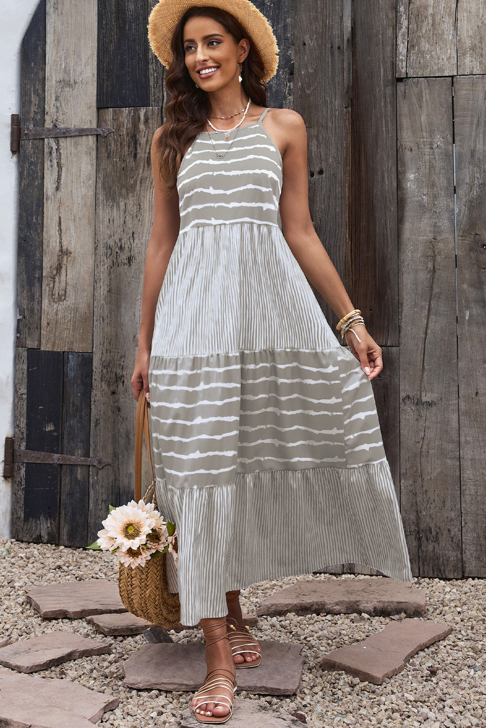 Grey Tie Dye Spaghetti Strap Summer Maxi Dress