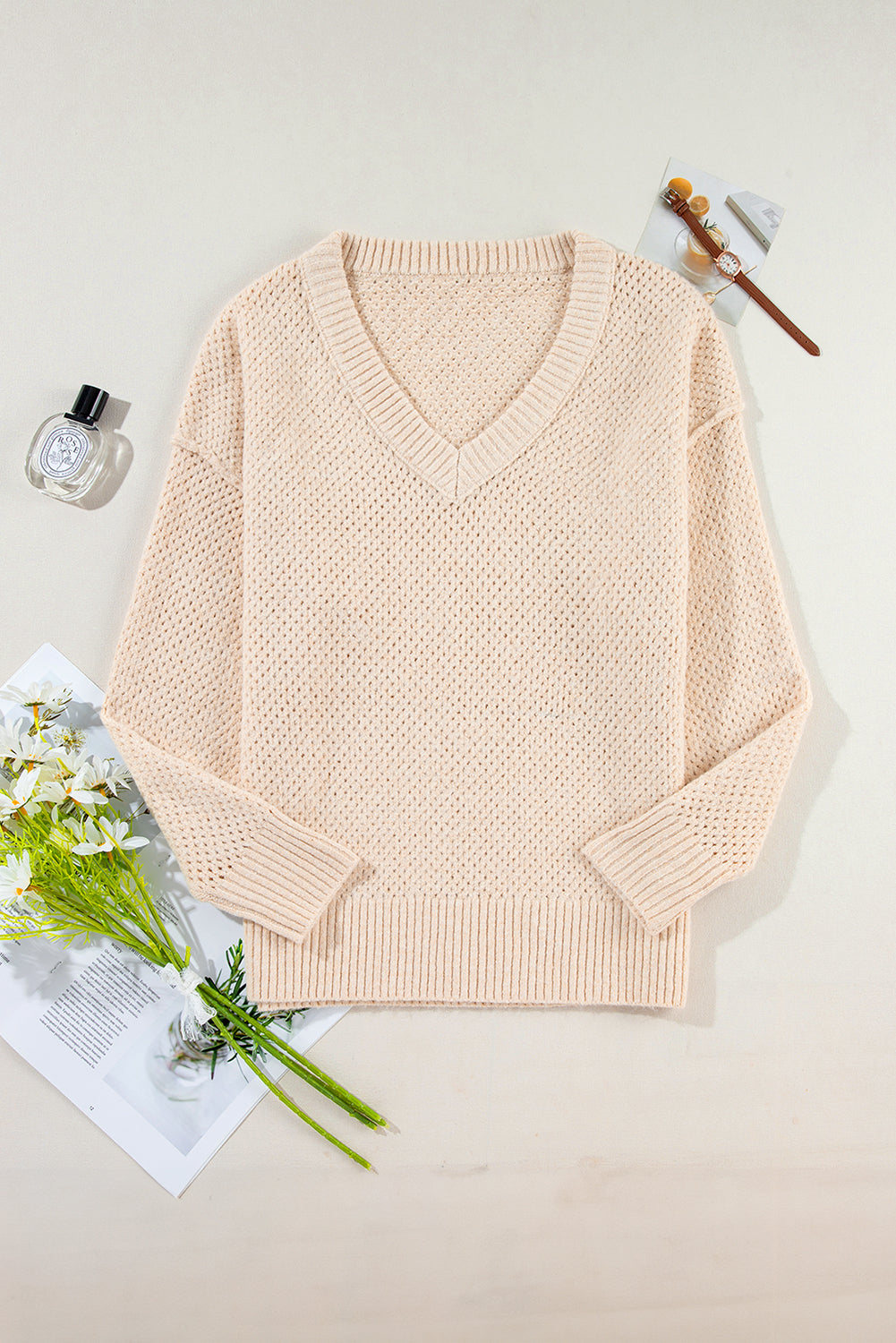 Parchment Plain Oversized Hollowed Knit Sweater