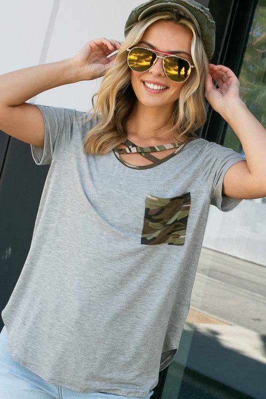 PLUS CAMOUFLAGE PRINT BASIC TOP- Plus camouflage print mixed basic top- Lace up v neck - Short sleeves and chest pocket- Camouflage print and solid jersey mixed- 1X/2X/3X 2-2-2- 95% RAYON, 5% SPAN