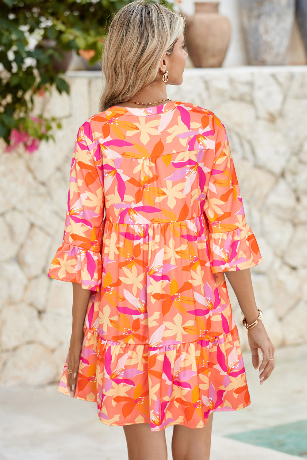 Orange Abstract Print V Neck Ruffle Bell Sleeve Mini Tiered Dress