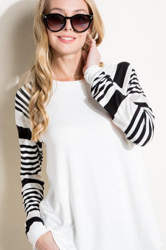 PLUS ENGINEERING STRIPE MIXED TOPPLUS ENGINEERING STRIPE AND SOLID MIXED LONG SLEEVE ROUND NECK TOP-ENGINEERING STRIPE AND SOLID JERSEY MIXED-LONG SLEEVE ROUND NECK-BASEBALL CASUAL PLUS TOP-95% RAYO