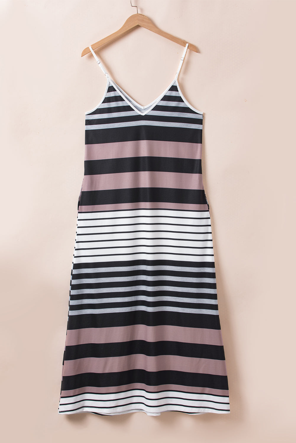 Multicolour Stripes Spaghetti Straps V Neck Maxi DressMaterial:95%Polyester+5%Elastane



		Stand out in vibrant multicolor stripes
	
	
		Convenient pockets for practicality
	
	
		Stay cool with sleeveless desig