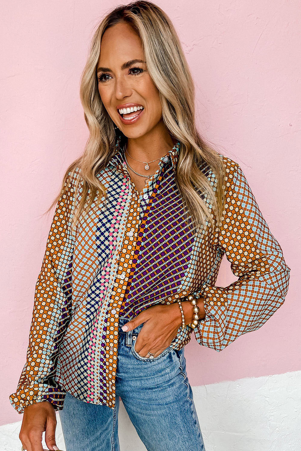 Brown Dot Print Long Sleeve Button Down Shift ShirtMaterial:100%Polyester



		Effortlessly stylish with a playful dot print
	
	
		Long sleeves provide coverage and warmth
	
	
		Versatile button-down design f