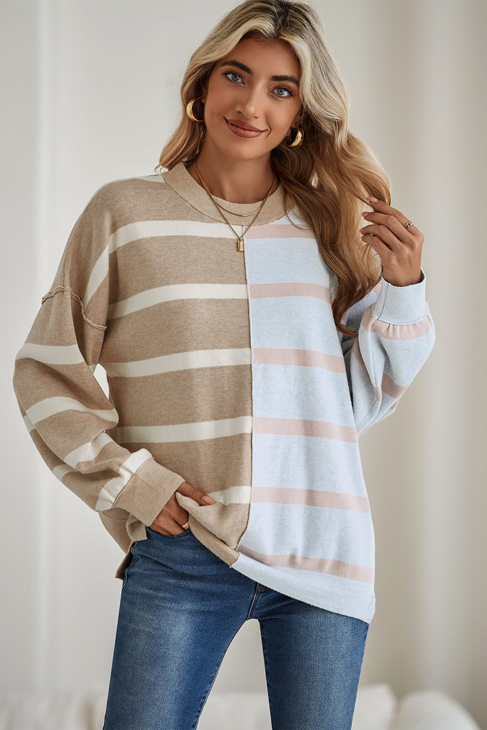 Blue Stripe Exposed Seam Patchwork Loose Sweatshirts