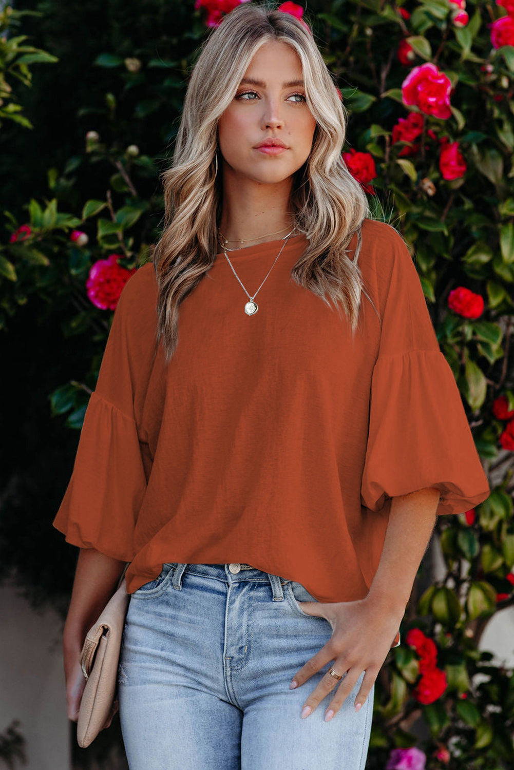 Orange Solid Color Casual Bishop Sleeve BlouseMaterial:62%Polyester+32%Cotton+6%Elastane



		Effortlessly chic, this orange bishop sleeve blouse is perfect for both casual and dressy occasions.
	
	
		Eleva