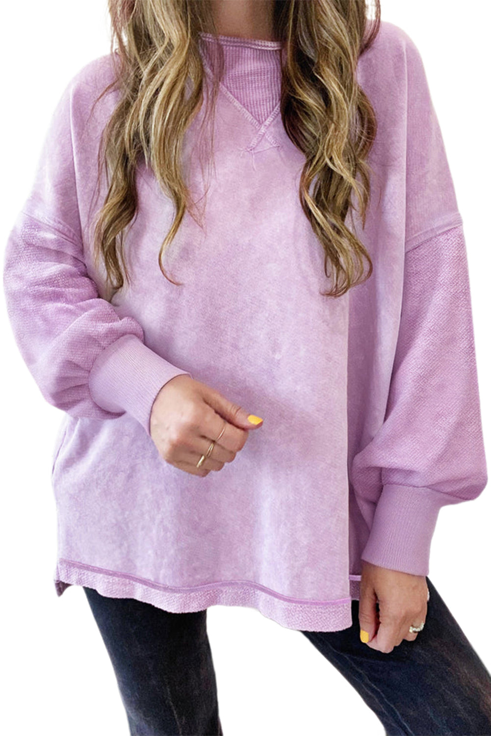 Orchid Petal Mineral Wash Drop Shoulder Oversized SweatshirtMaterial:85%Cotton+15%Polyester

• The unique patchwork design adds a stylish twist to your casual look.
• Enjoy the comfort of the oversized fit and drop shoulder