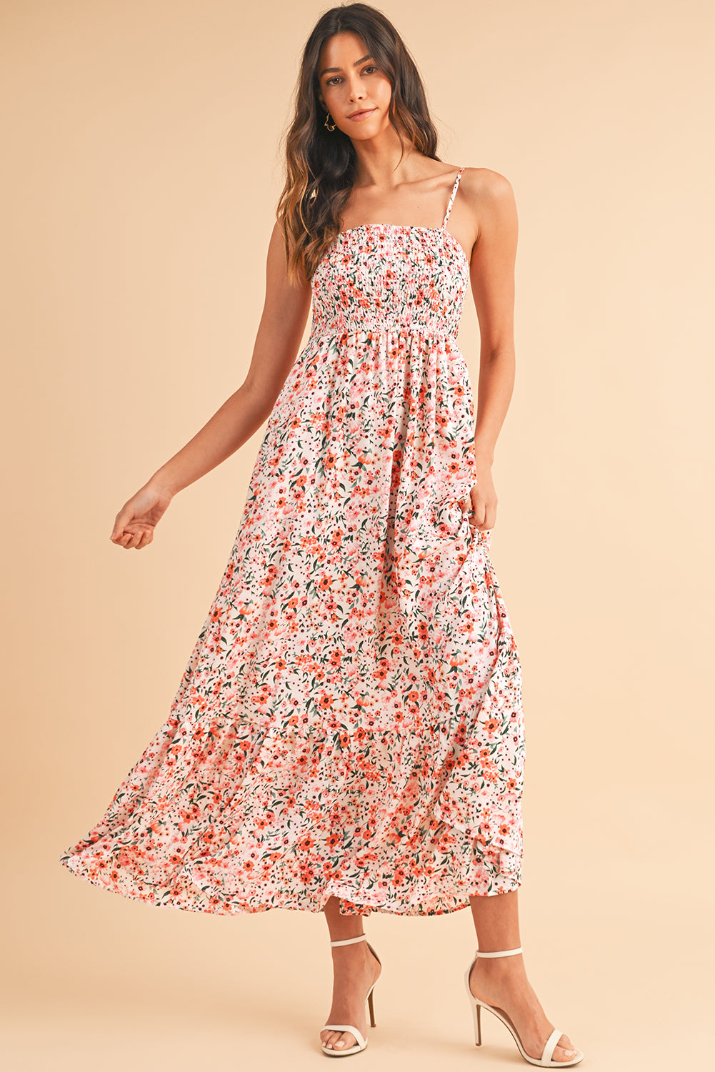 White Boho Floral Self-tie Smocked Ruffle Maxi DressMaterial:100%Polyester


	


		The maxi dress showcases a bohemian-inspired style with its floral print and smocked details, perfect for embracing a romantic and