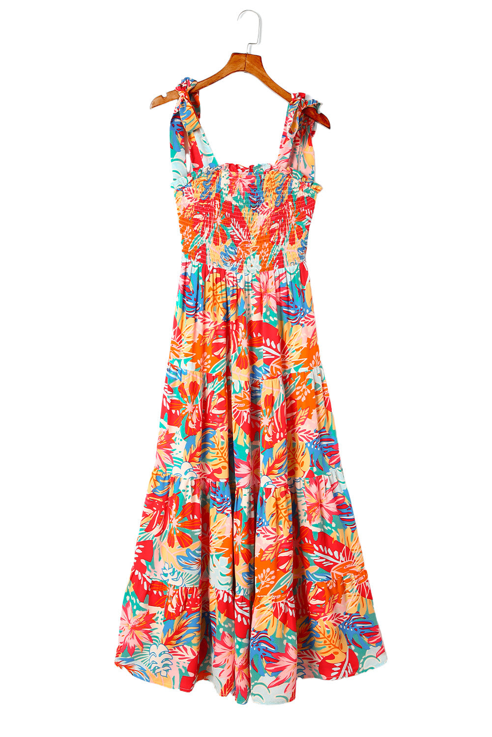 Multicolor Boho Tropical Print Smocked Ruffle Tiered Maxi DressMaterial:100%Polyester



		•The tiered design of the dress adds volume, creating a flowy and feminine look.
	
	
		•Smocked bodice and tie shoulder straps give 