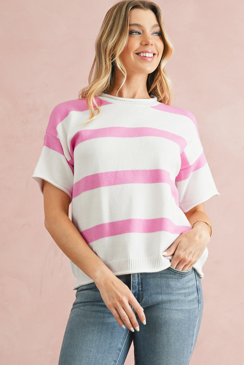 Khaki Striped Drop Shoulder Knitted TopMaterial:50%Viscose+28%Polyester+22%Polyamide

• Effortlessly stylish and comfortable, this striped top blends a casual vibe with a touch of sophistication, perfect