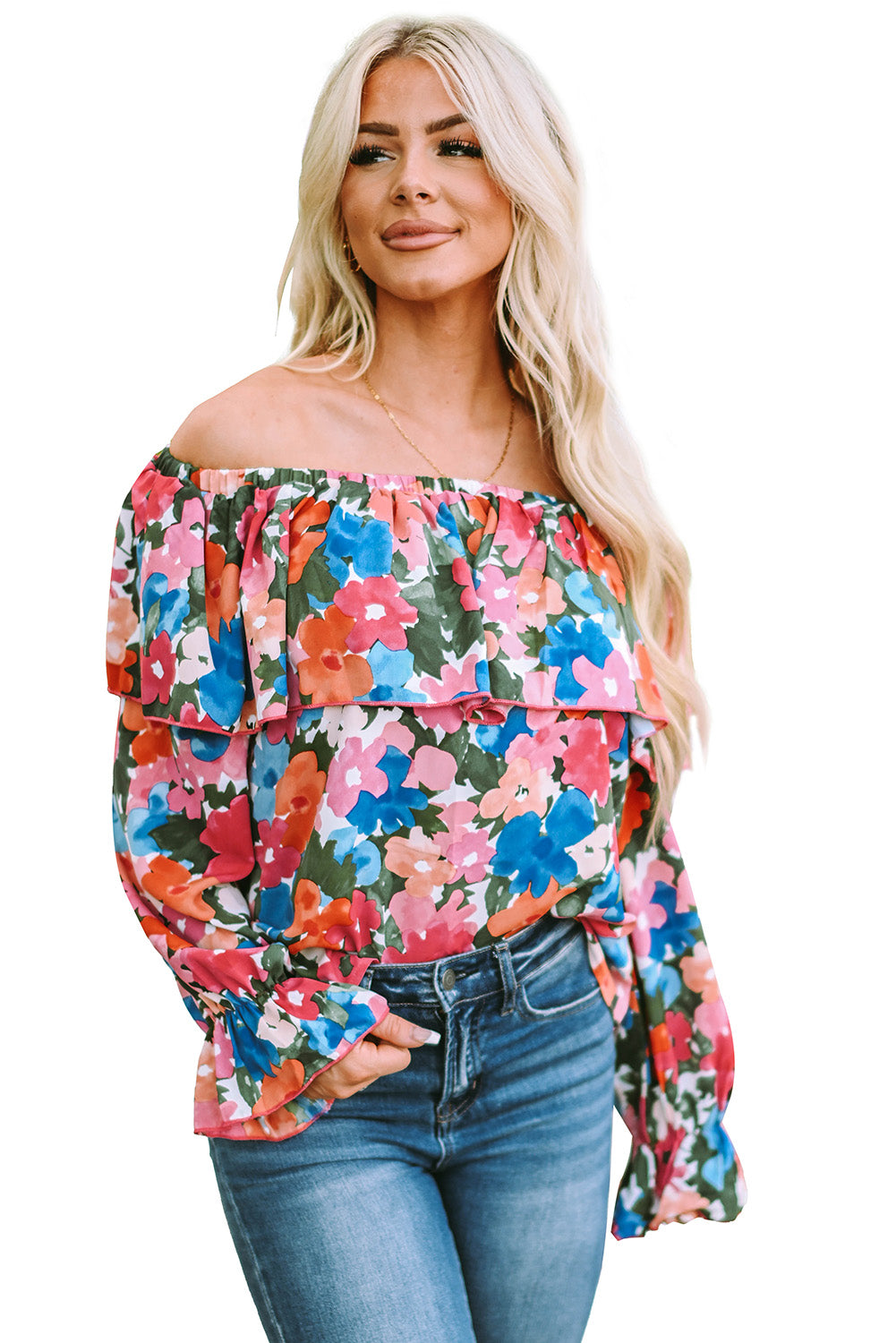 Multicolor Bohemian Floral Print Shirred Ruffle Off Shoulder BlouseMaterial:100%Polyester


	

			This floral print blouse is perfect to change a stylish summer look
		
		
			Featured with off-shoulder, puffy sleeve, and flora