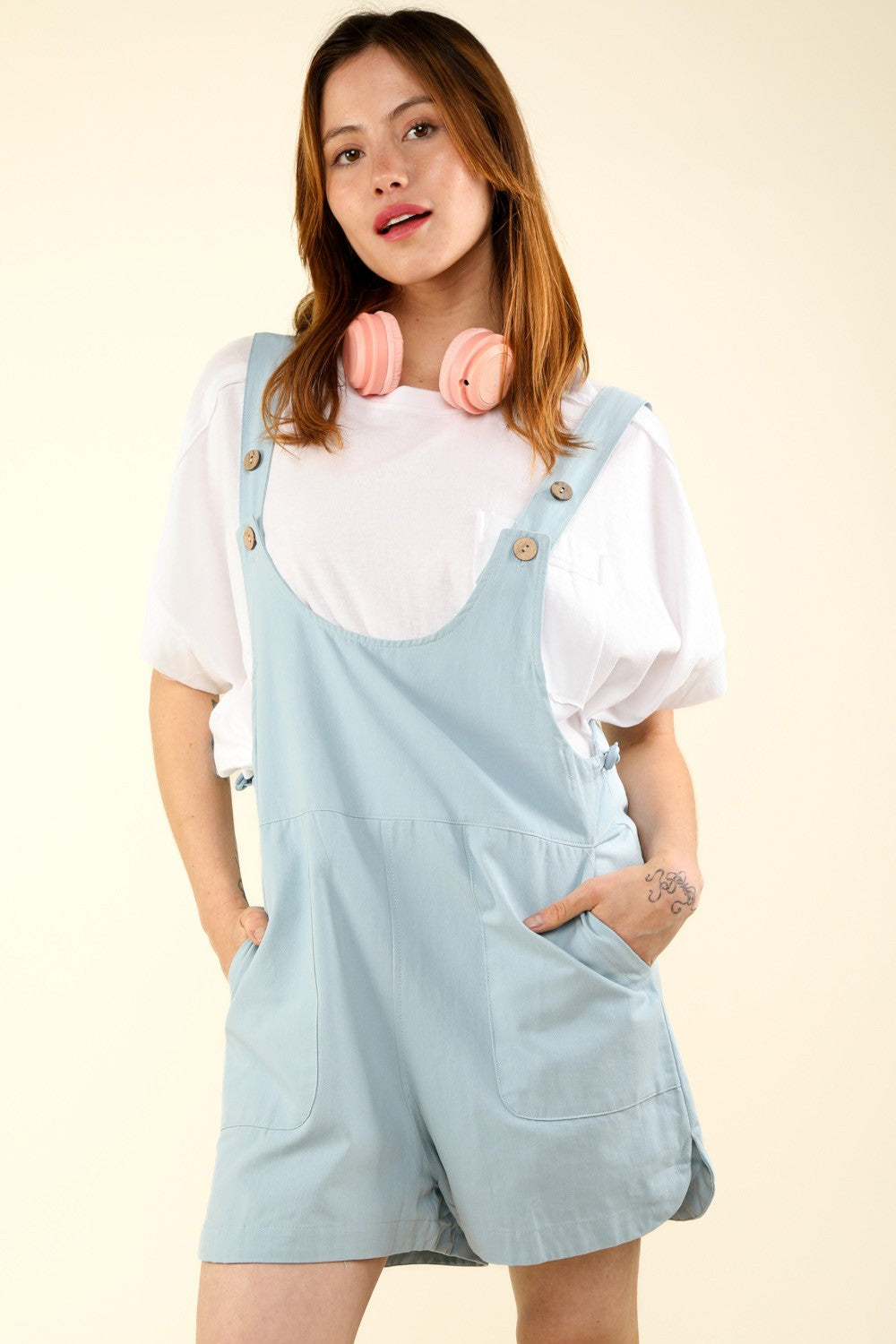 VERY J Adjustable Waist Suspender Overalls with PocketsGet ready for a casual and chic look with this sleeveless cotton romper featuring an adjustable waist and side pockets. The suspender's overall detail adds a trendy 