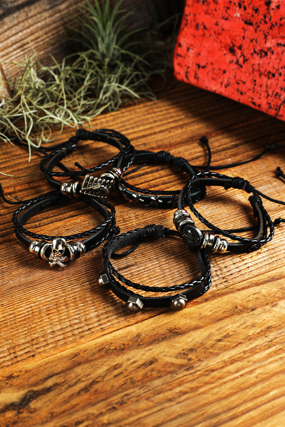 Black Gun Skull Star PU Leather Bracelet Set