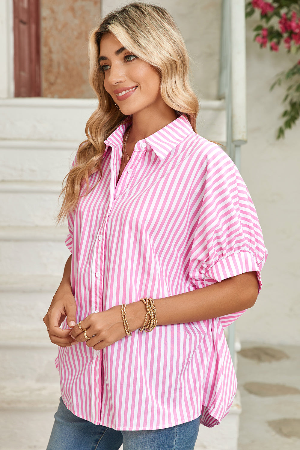 Sky Blue Stripe Dolman Sleeve Oversized Blouse