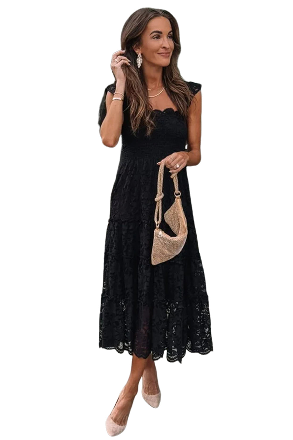 Black Lace Smocked Bodice Sleeveless Midi DressMaterial:54%Polyamide+41%Polyester+5%Elastane

• Effortlessly chic, this black lace smocked bodice midi dress exudes elegance and sophistication, perfect for both c