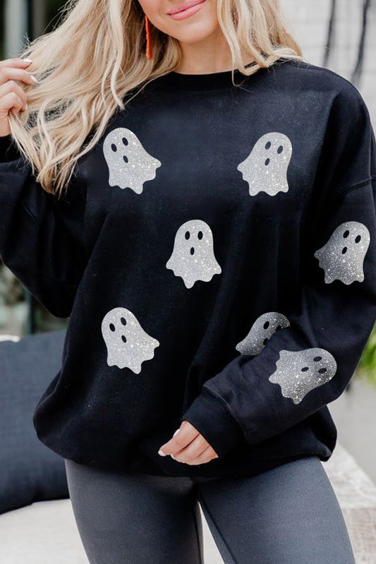 Black Glitter Ghost Pattern Crew Neck Halloween SweatshirtMaterial:50%Polyester+50%Cotton



		The sweatshirt is a festive and eye-catching option for the spooky season.
	
	
		Glitter details on the cute ghost patterns