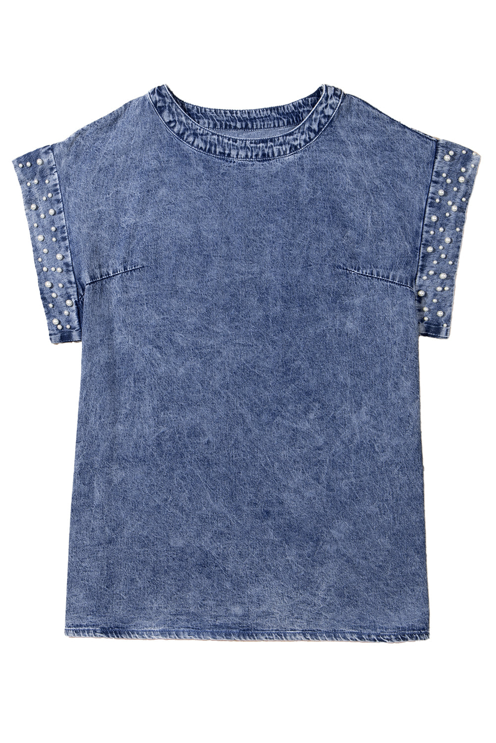 Dusk Blue Acid Wash Pearl Embellishment O Neck Denim TopMaterial:100%Cotton



		The top features a trendy acid wash design with pearl embellishments, adding a touch of sophistication to your outfit.
	
	
		This denim