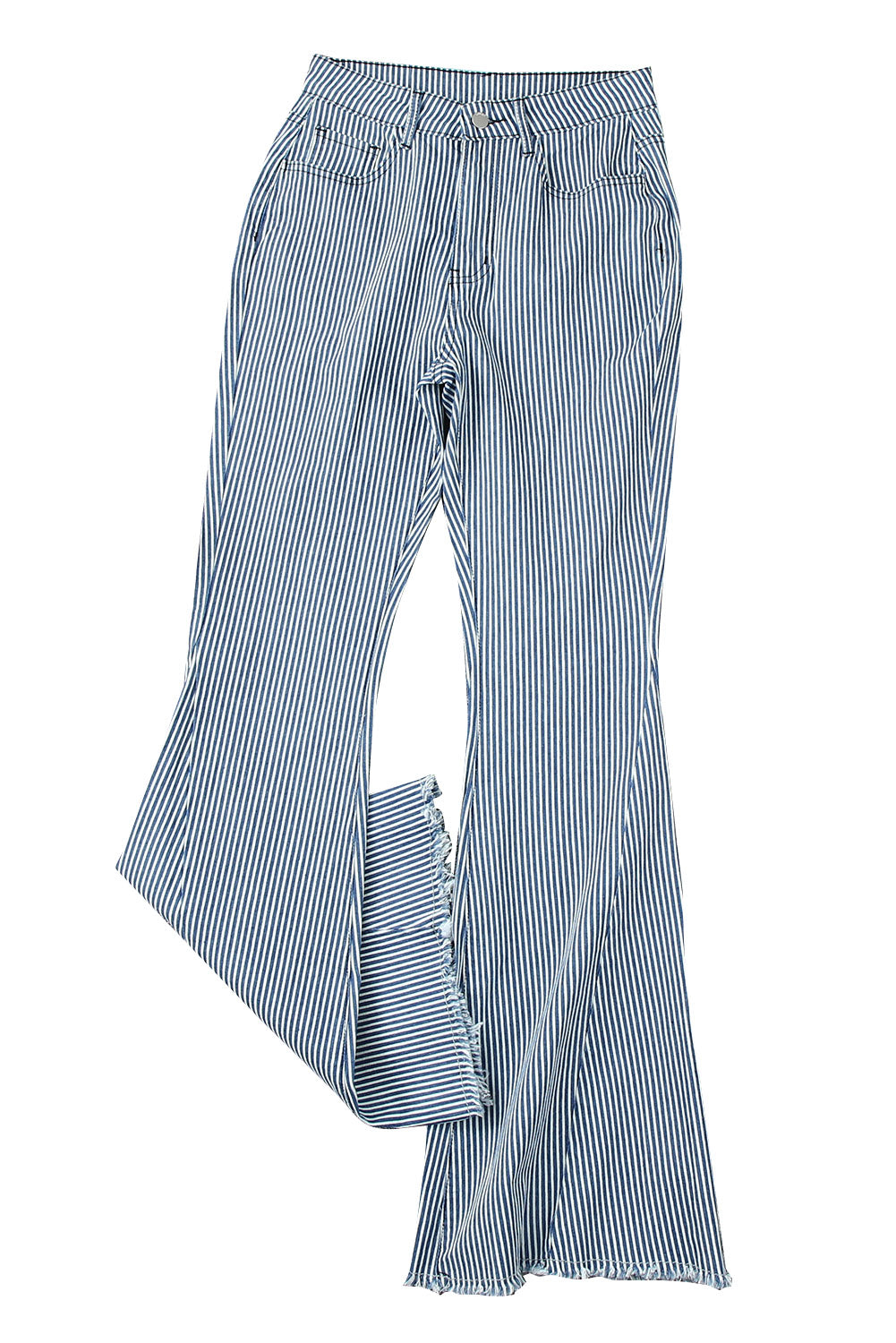 Light Blue Stripe Casual Mid Waist Bell PantsMaterial:73%Cotton+25%Polyester+2%Elastane



		These amazing statement jeans feature a dramatic pant leg that’s fitted throughout the thigh
	
	
		Ended in a ex