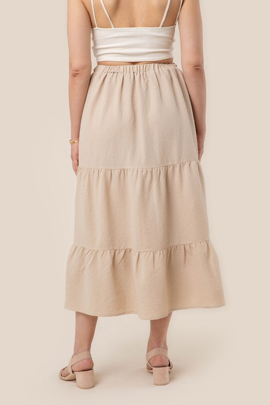 Tiered maxi skirt- Tiered maxi skirt- Pattern type : solid- Stretch : stretch- Sheer : Beige - lined and no see through / Black - not lined, but not very sheer- Care instruction : ma