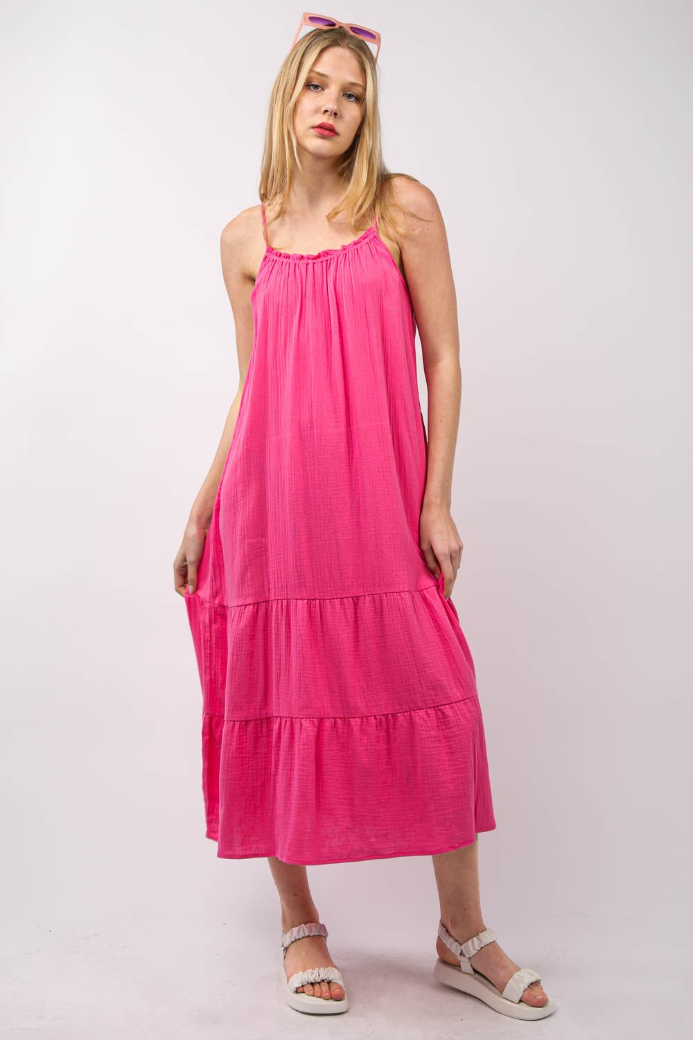 VERY J Ruffled A-Line Midi Cami DressYou have a versatile and comfortable Comfy Cotton Gauze A-Line Midi Dress that is perfect for summer with its cool comfort and sleeveless design. The side pockets ad