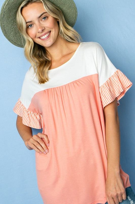 PLUS SOLID STRIPE BABY DOLL TOPPLUS SOLID AND PIN STRIPE JERSEY MIXED ROUND NECK RUFFLED SHORT SLEEVE BABY DOLL TOP95% RAYON, 5% SPANDEX MADE IN USA
Style: Casual
Print / Pattern: SOLID AND PIN ST