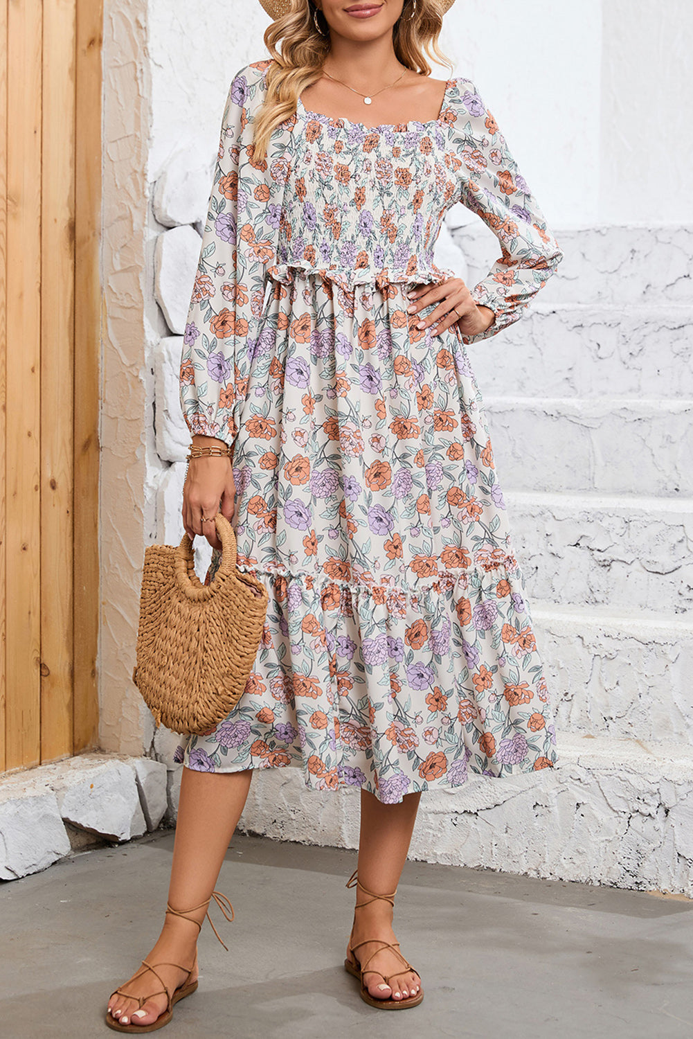 Multicolor Floral Print Smocked Pocketed Flared Midi DressMaterial:100%Polyester



		Get ready to turn heads in this gorgeous floral dress
	
	
		Featuring a square neckline and flowy tiered midi-length skirt silhouett