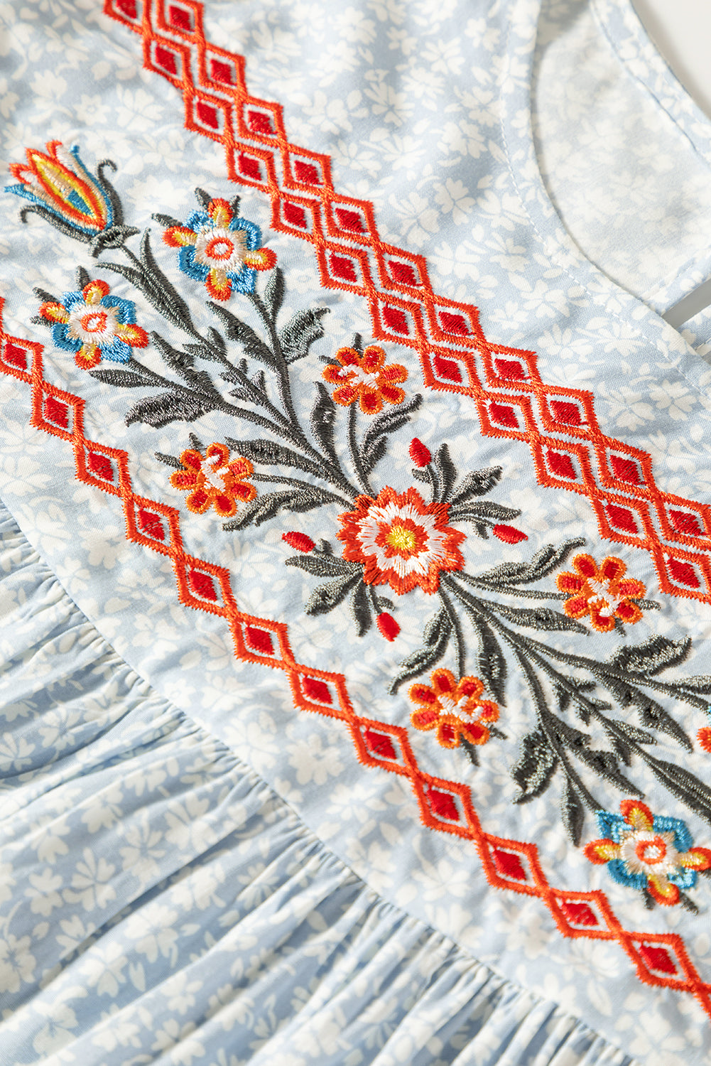 Sky Blue Boho Embroidered Floral Print Flutter Sleeve BlouseMaterial:100%Viscose



		The hobo embroidered detailing showcases skilled craftsmanship and adds a bohemian flair
	
	
		The floral pattern brings a touch of fe