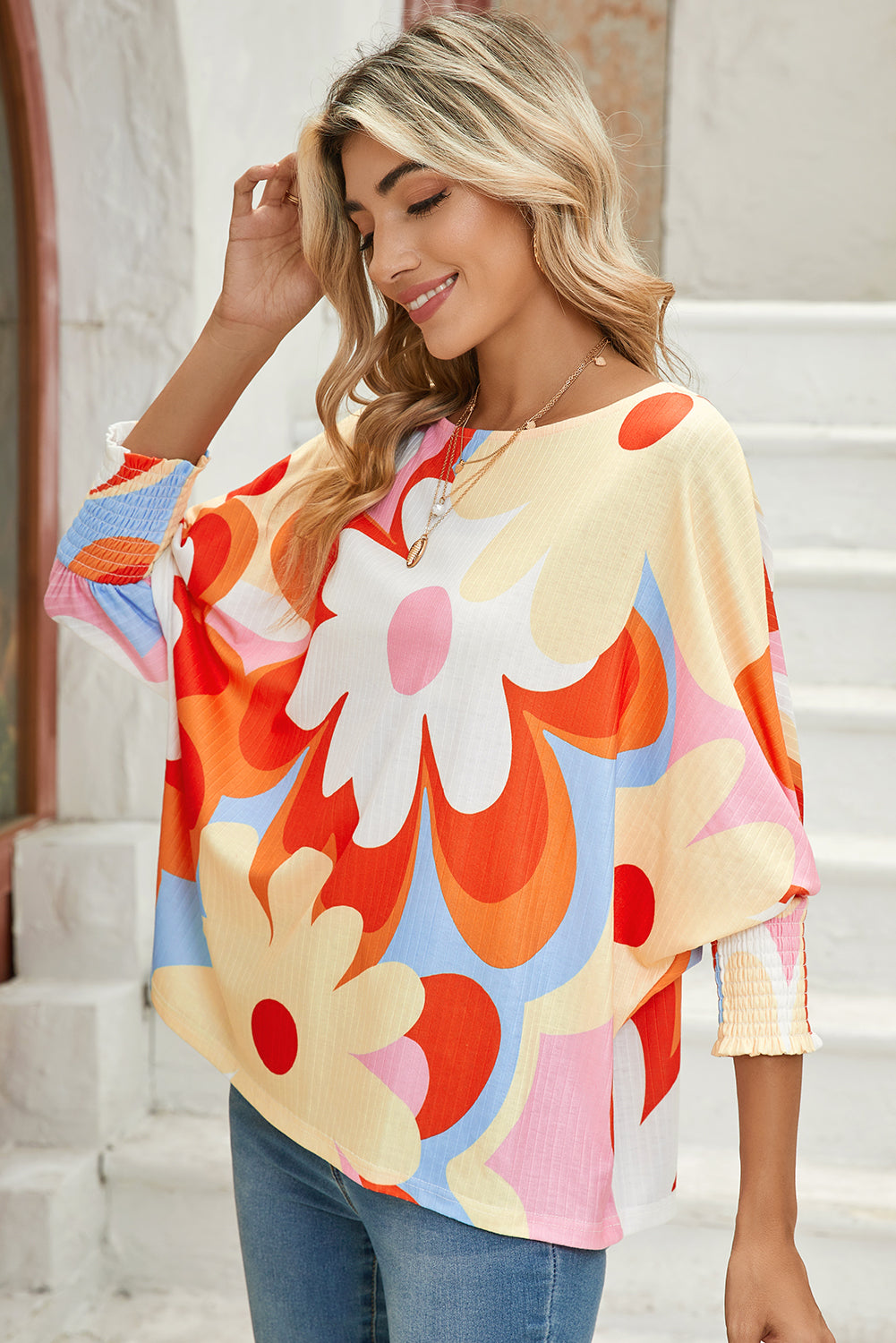 Yellow Colorful Floral Print Ribbed Dolman BlouseMaterial:95%Polyester+5%Elastane

• Radiate sunny vibes in this blouse, blending a playful floral pattern with a vibrant hue.
• The dolman sleeves offer a relaxed 