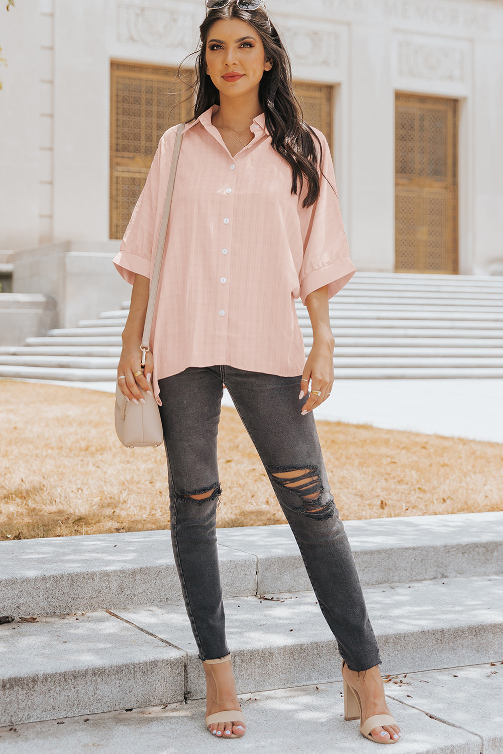 Pink Half Sleeve Collared Button Up BlouseMaterial:100%Polyester



		It features a flattering high-low hemline for a stylish touch.
	
	
		The collared design adds a touch of sophistication.
	
	
		Th