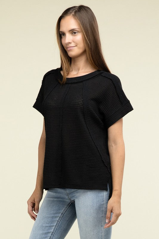 Brushed Waffle Exposed-Seam Short Sleeve TopElevate your casual wardrobe with this Brushed Waffle Top, featuring side slits, exposed seam details, and a stylish hi-low hem. Perfect for a relaxed yet trendy loo