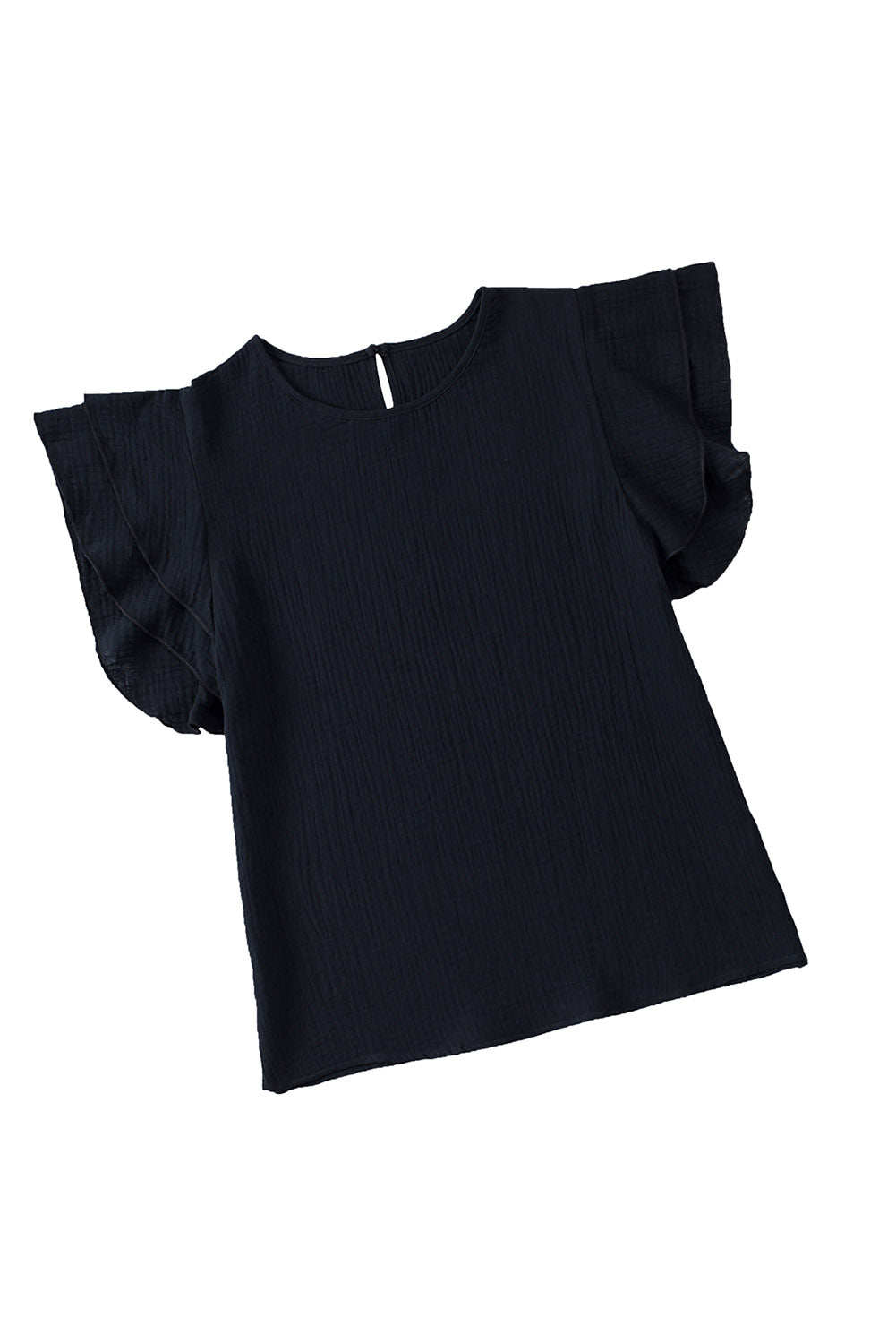 Black Textured Tiered Ruffle Casual Short Sleeve TopMaterial:100%Cotton



		•The tiered ruffle sleeves add a feminine touch to the blouse and make it stand out.
	
	
		•The blouse can be styled in many different 