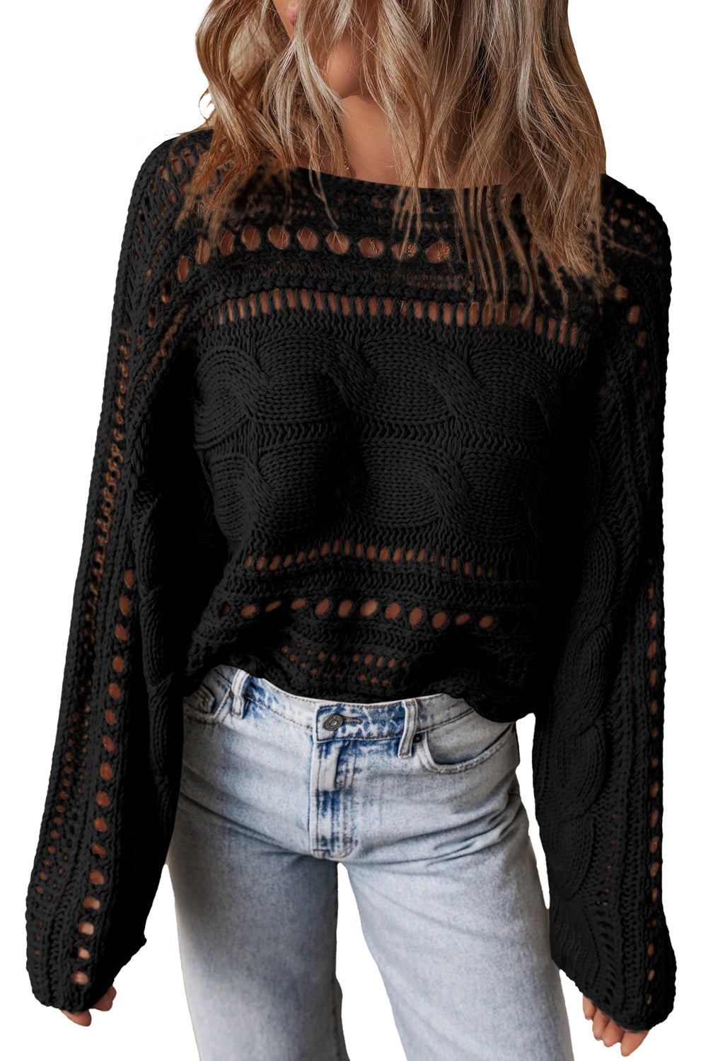 Black Hollow Out Cable Knit Cropped Sweater