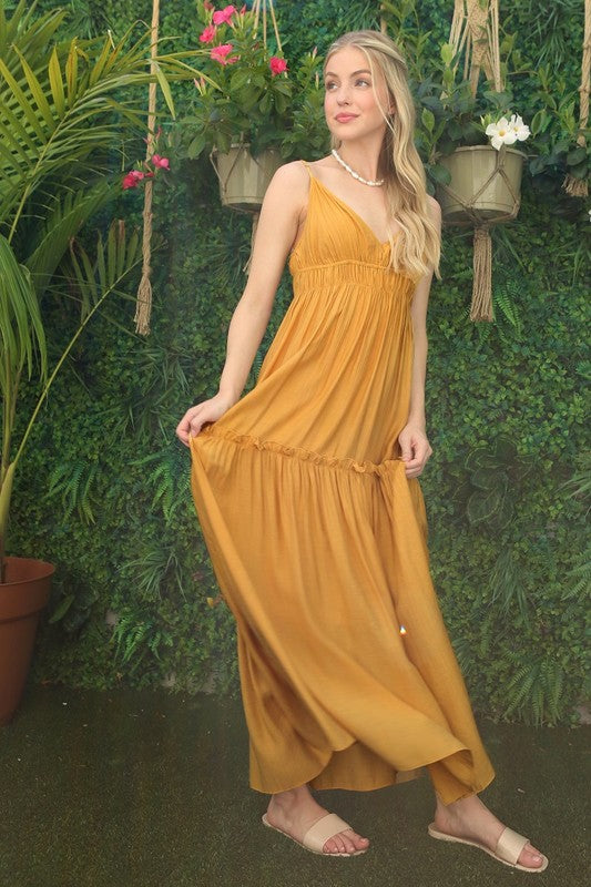 SL tank dress*Low cut mustard yellow tank dress*Pattern type : solid*Color : mustard*Neck line : V neck*Sleeve length : sleeveless*Stretch : no stretch*Sheer : lined, no see thro