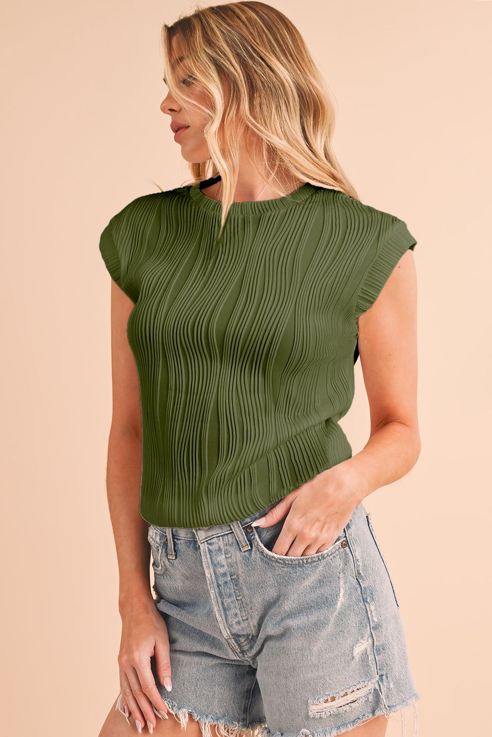 Jungle Green Wavy Textured Cap Sleeve TopMaterial:90%Polyester+10%Elastane


	


		The top features a unique wavy texture, adding a touch of visual interest to your outfit.
	
	
		Made from a soft and